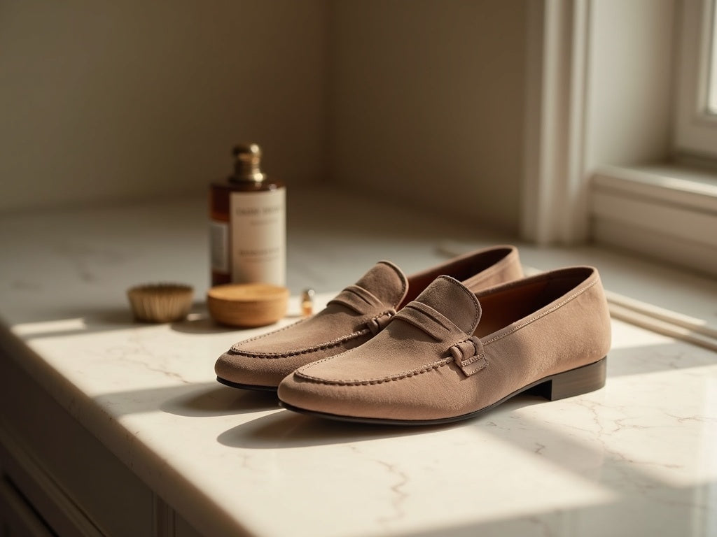 Taupe suede loafers with premium care tools on a marble countertop