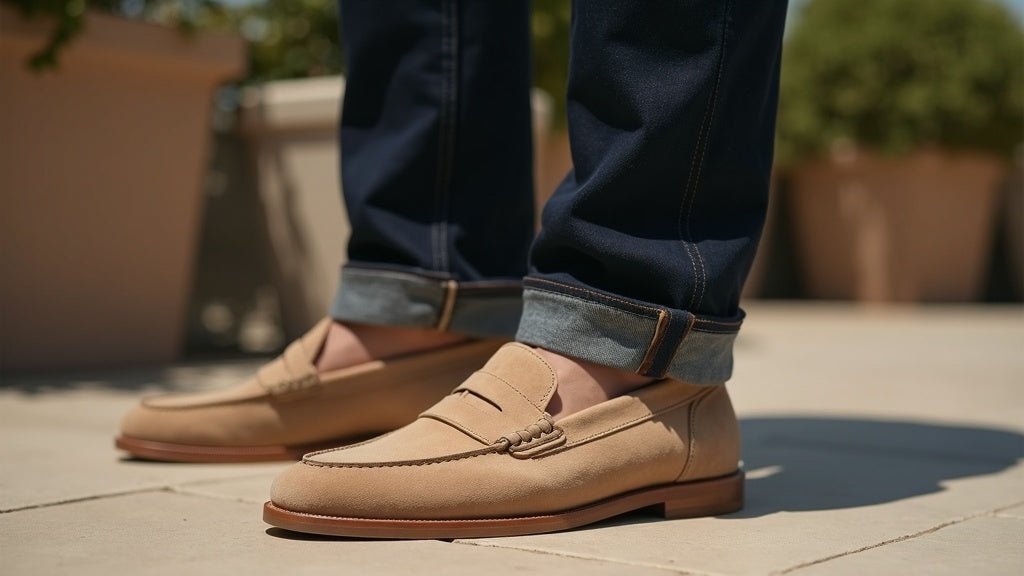 Beige suede loafers for men: how to wear them with dark denim for smart-casual evenings - Pierre Cabot