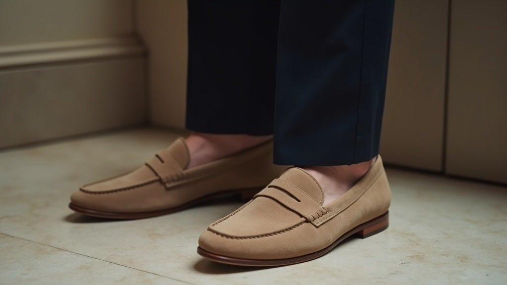 Beige suede loafers for men: how to wear them with navy trousers for summer offices and dinners - Pierre Cabot