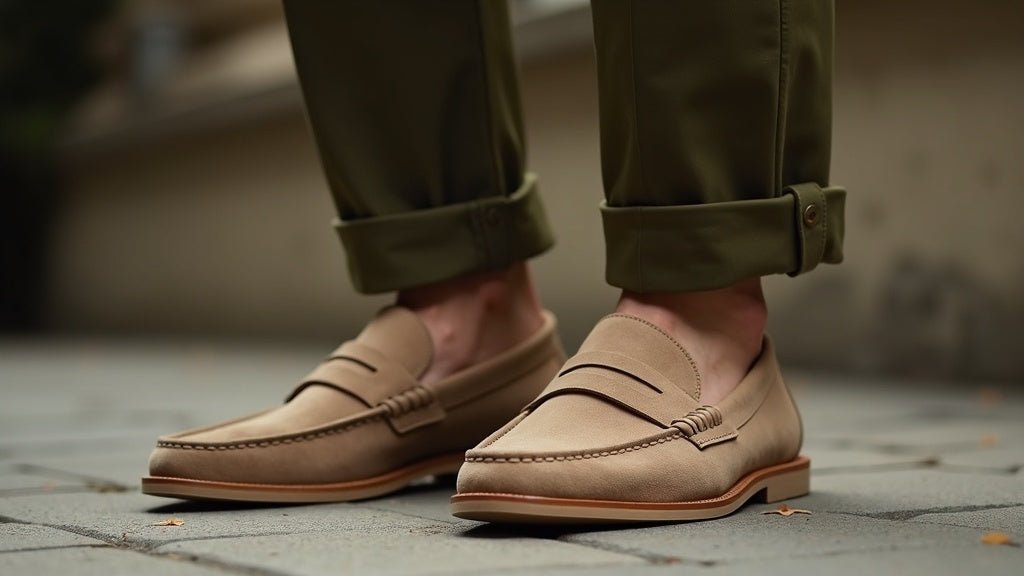 Beige suede loafers for men: how to wear them with olive trousers without looking too casual - Pierre Cabot
