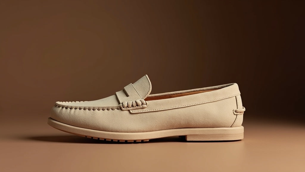 Light suede loafers with visible moccasin stitching and a light rubber sole being brushed clean to preserve the apron detail