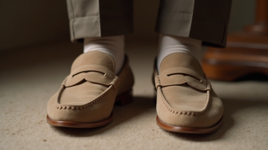 Men’s suede penny loafers with visible moccasin stitching and a light rubber sole being tested for sizing with no-show socks