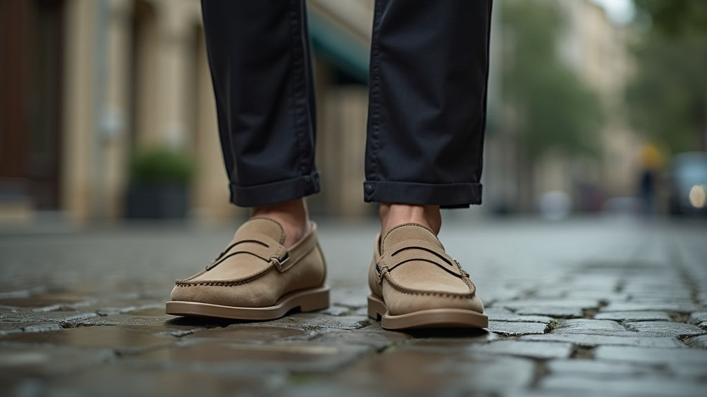 Men’s beige taupe suede loafers with visible moccasin stitching and a light rubber sole worn on a humid summer city day