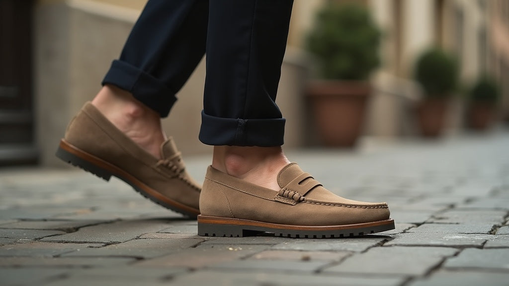 Men’s suede loafers in beige taupe with visible moccasin stitching and a light rubber sole worn for long walking days in summer