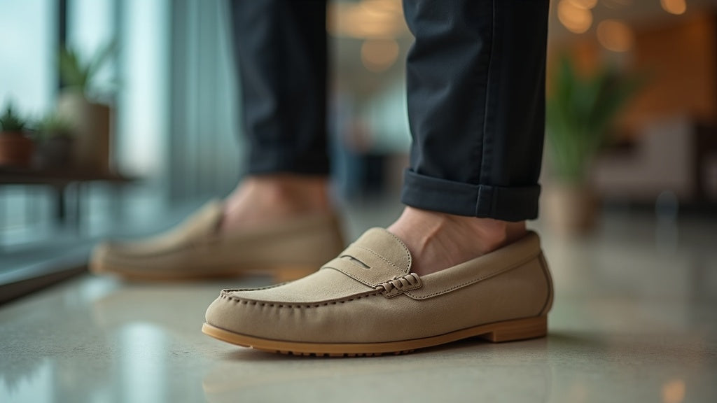 Men’s taupe suede loafers with visible moccasin stitching and light rubber sole in a luxury travel setting