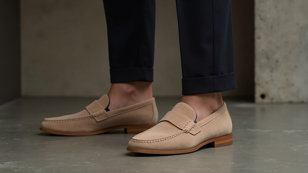 Taupe suede loafers for men with visible moccasin stitching and a light rubber sole paired with refined blazer colours in a smart-casual outfit