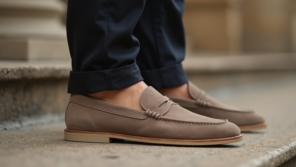 Taupe suede loafers for men with visible moccasin stitching and a light rubber sole styled for a minimalist European travel capsule
